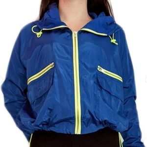 NWT BELLE VERE Royal Blue w/ Neon Trim Slouchy Oversized Windbreaker Hooded Jack